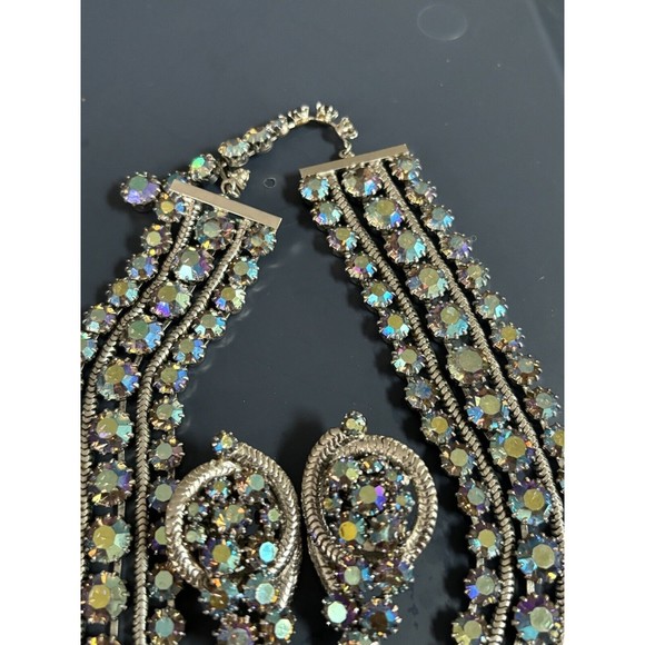 VTG HATTIE CARNEGIE BLUE AURORA BOREALIS & BLUE RHINESTONE NECKLACE EARRINGS - Picture 4 of 8